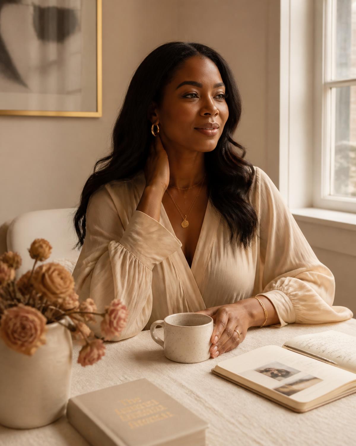A woman sitting peacefully with her journal and morning coffee in soft light