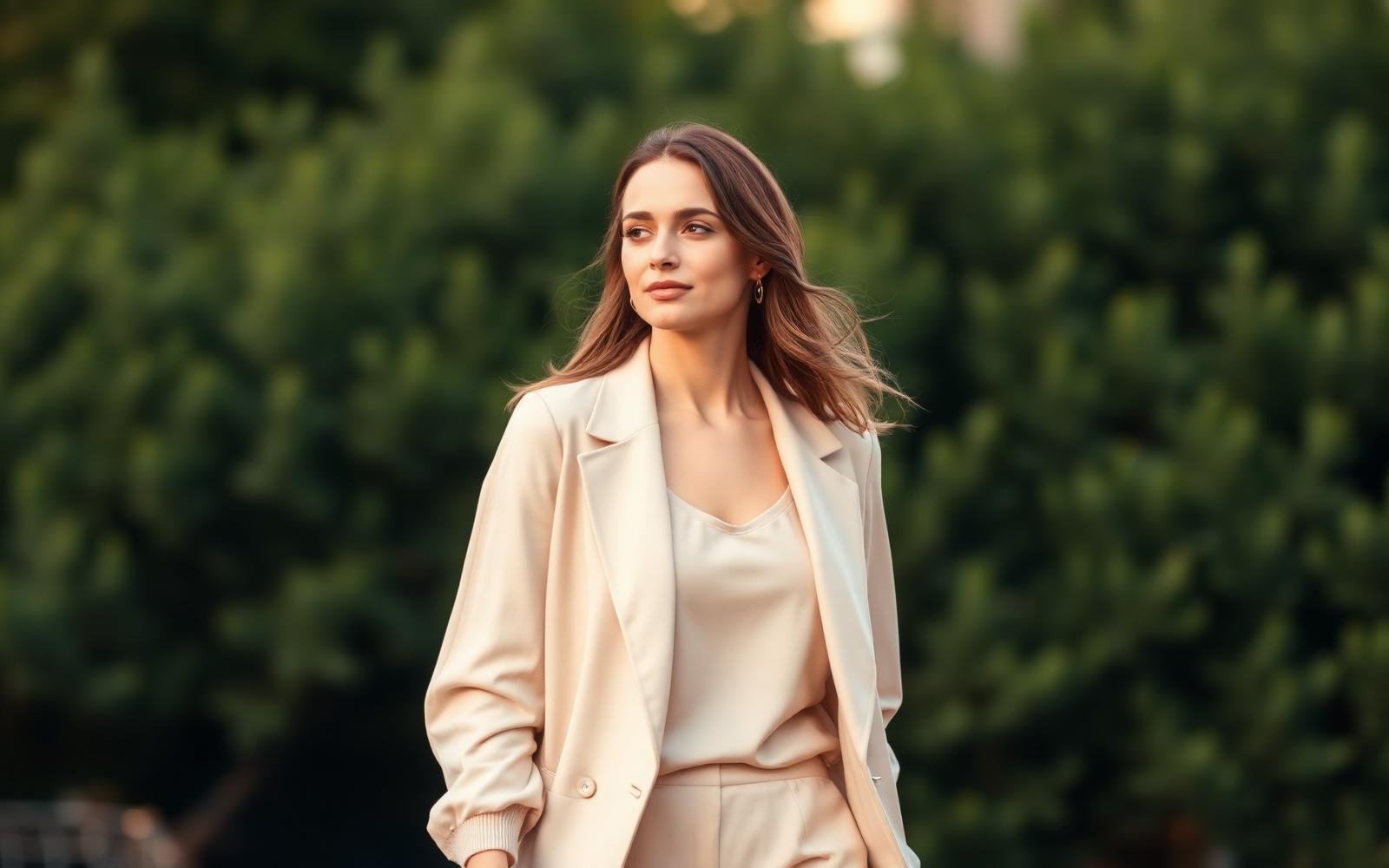 A woman walking outdoors in soft neutral clothing, calm and self-assured